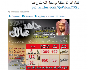 Foto 1: La campagna su Twitter. Il banner dice: «Finanzia col tuo denaro la Jihad!» 