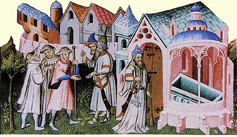 Pellegrini davanti al Santo Sepolcro. Miniatura del XV secolo