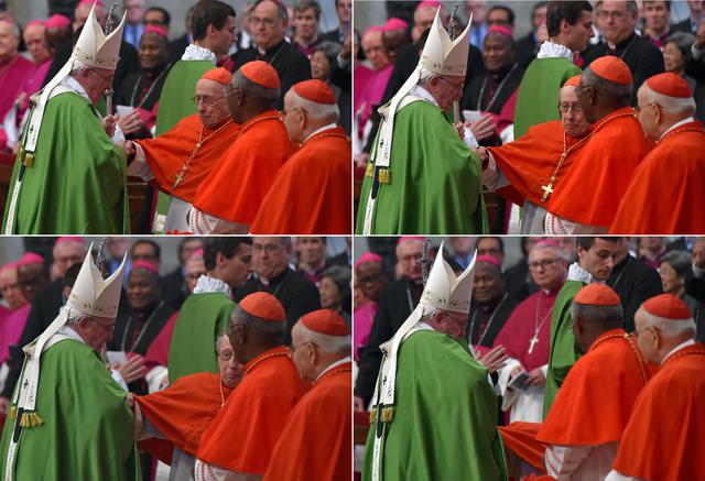 Pope Francis helps Cardinal Roger Etchegaray stand up as he leaves after celebrating the closing Mass of the XIV Ordinary Meeting of the Synod of Bishops in the Saint Peter's Basilica in the Vatican City, 25 October 2015. Pope Francis called for the Synod of Bishops that began on 04 October, to review positions on family issues, including the approach to take towards those who do not fully comply with Catholic ideals of married, faithful, heterosexual and child-bearing unions. ANSA/ETTORE FERRARI
