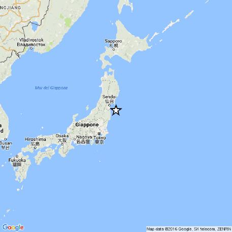 Nella cartina dell'Ingv l'epicentro del sisma che si è verificato al largo della costa orientale della prefettura giapponese di Fukushima, 21 novembre 2016. ANSA/INGV +++ ANSA PROVIDES ACCESS TO THIS HANDOUT PHOTO TO BE USED SOLELY TO ILLUSTRATE NEWS REPORTING OR COMMENTARY ON THE FACTS OR EVENTS DEPICTED IN THIS IMAGE; NO ARCHIVING; NO LICENSING +++