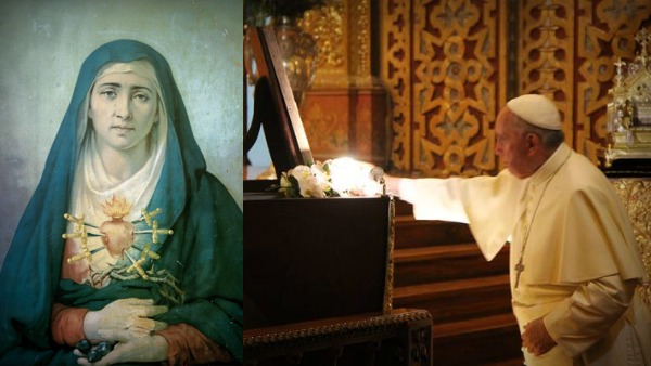 Papa Francesco prega davanti alla Virgen Dolorosa. Il miracolo del dipinto che muove gli occhi.