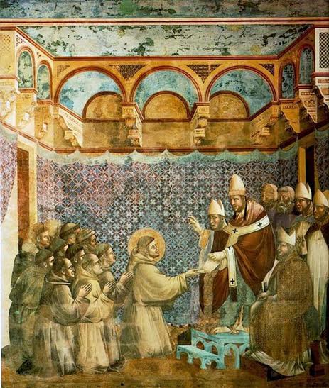 Affresco di Giotto in cui Francesco riceve la Regola dal Papa