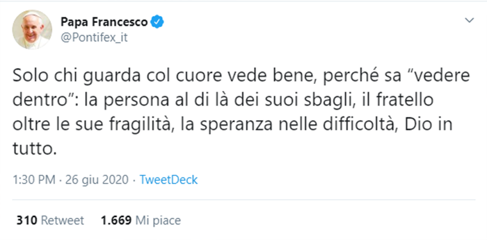 Papa Francesco Tweet 26 Giugno 2020