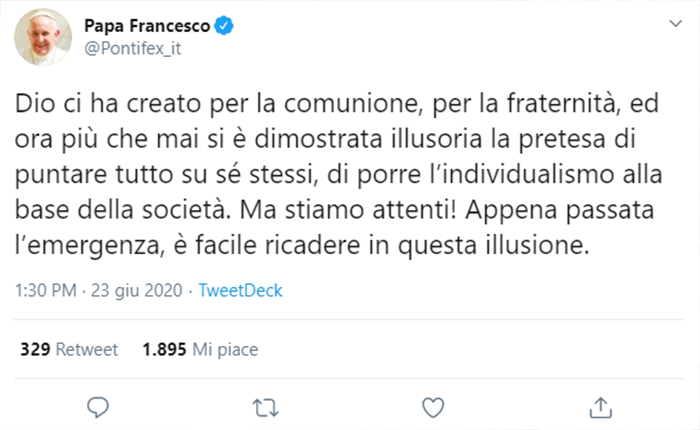 Tweet di Papa Francesco - 23 Giugno