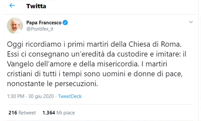 Tweet di Papa Francesco