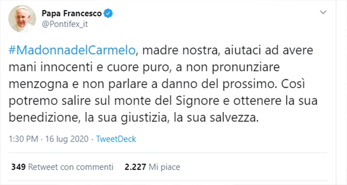 Tweet di Papa Francesco, 16 Luglio 2020