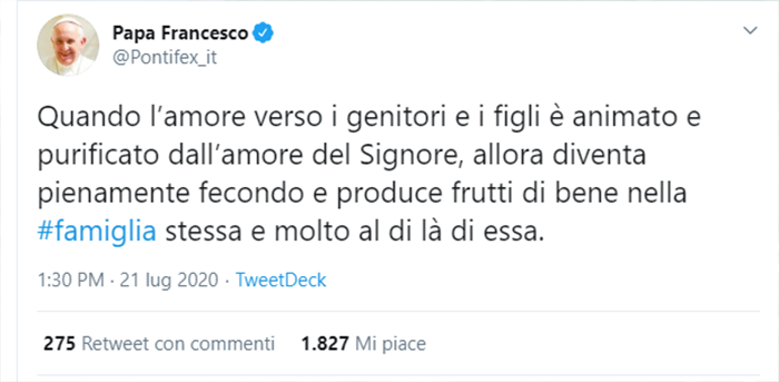 Tweet di Papa Francesco, 21 Luglio 2020