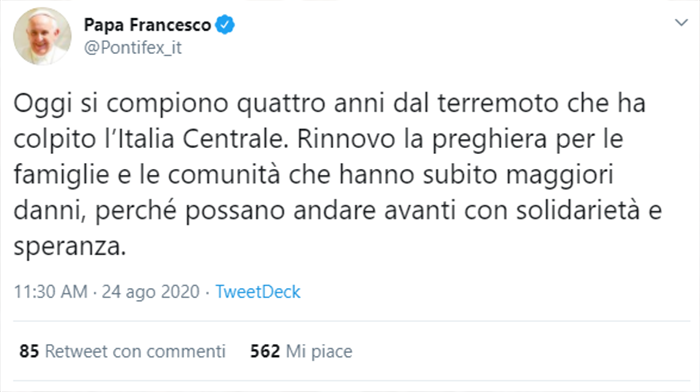 Papa Francesco Tweet 24 Agosto 2020